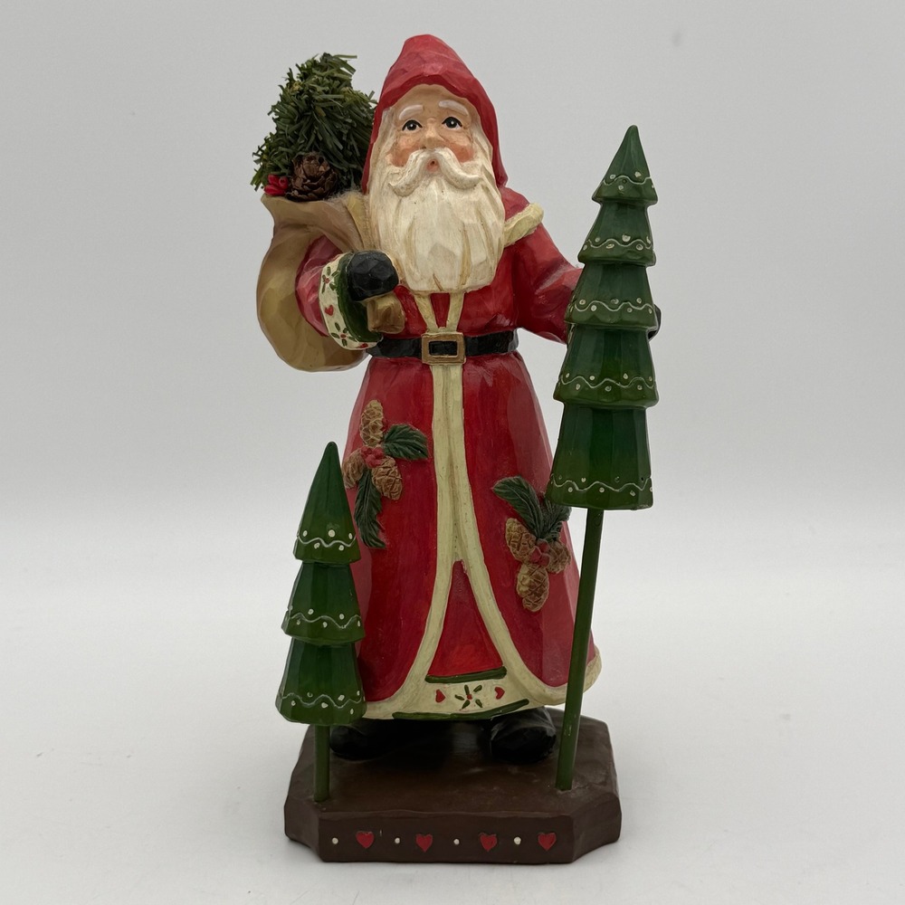 Rustic Folk Art Santa Claus Figurine Red Robe with Trees and Pinecones 11.5in